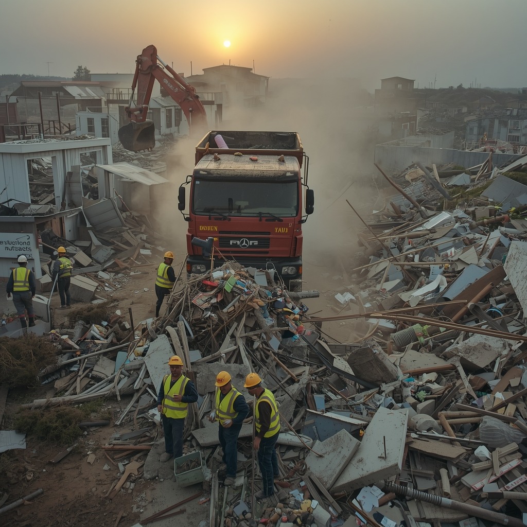 lucid-origin_A_chaotic_scene_of_debris_loading_with_a_large_dump_truck_or_tractor_at_the_cent-0