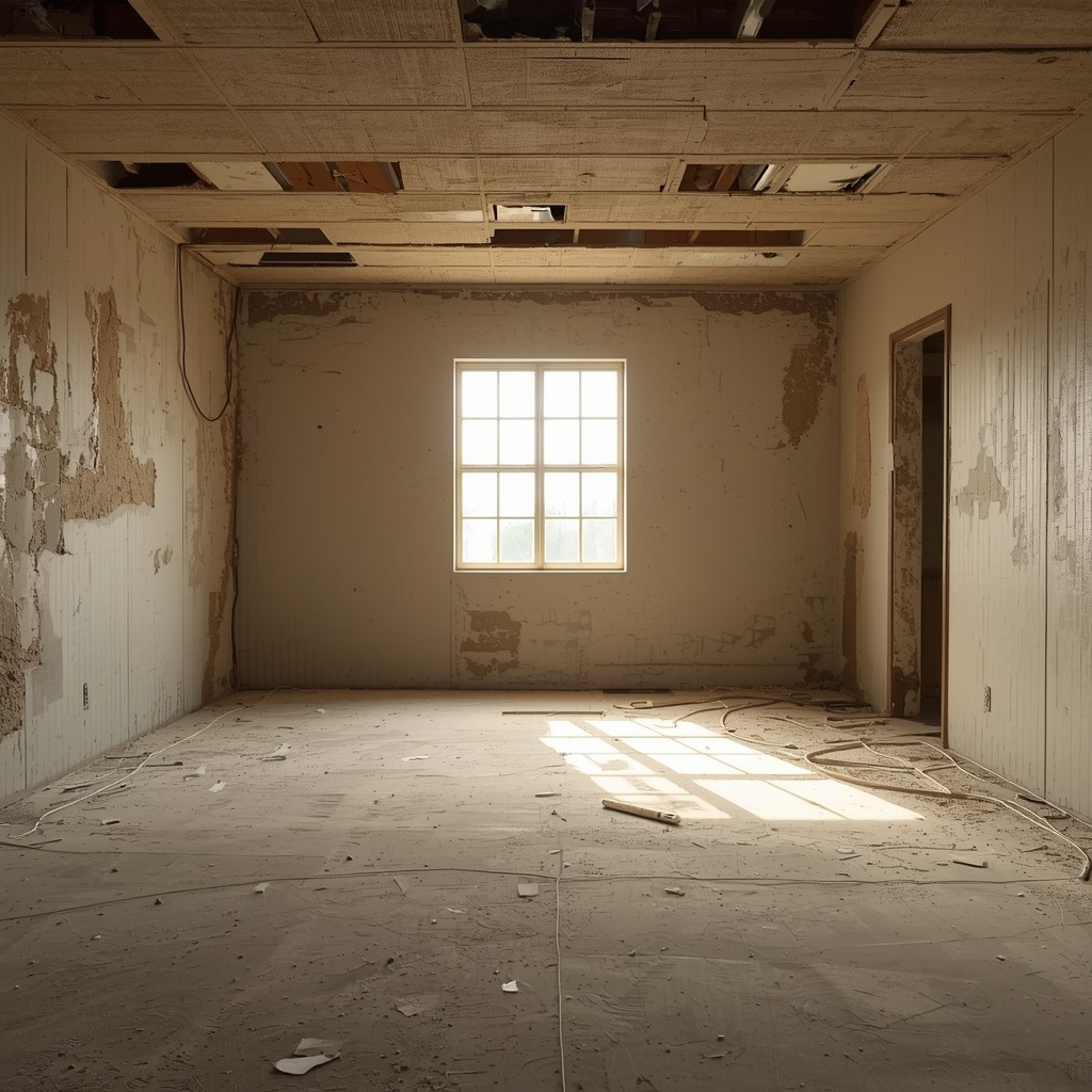 lucid-origin_A_spacious_room_with_cleaned_and_gutted_interiors_exposing_bare_walls_and_floors-0